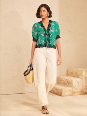 Love & Roses Bright Green Lace Trim Tie Front Floral Printed Top - Image 3 of 4