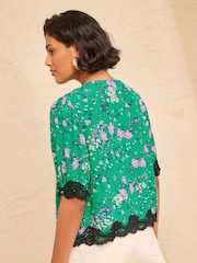Love & Roses Bright Green Lace Trim Tie Front Floral Printed Top - Image 4 of 4