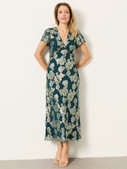 FatFace Kate Teal Blue Petite Metallic Dress - Image 1 of 6