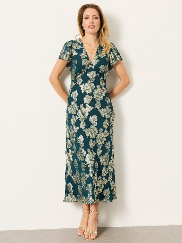 FatFace Kate Teal Blue Petite Metallic Dress - Image 1 of 6 FatFace Kate Teal Blue Petite Metallic Dress - Image 1 of 6