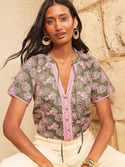 Love & Roses Khaki Green Floral Embroidered Notch Neck Blouse - Image 1 of 4