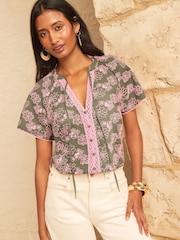 Love & Roses Khaki Green Floral Embroidered Notch Neck Blouse - Image 4 of 4