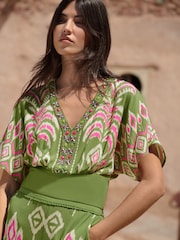 Love & Roses Green Embelished Placement Print Kimono Top - Image 1 of 4