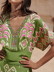 Love & Roses Green Embelished Placement Print Kimono Top - Image 2 of 4