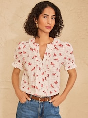 Love & Roses Ivory Horse Print Frill Detail Short Sleeve Button Through Blouse - Image 4 of 5