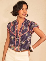 Love & Roses Navy Floral Lace Trim Flutter Sleeve Blouse - Image 1 of 4