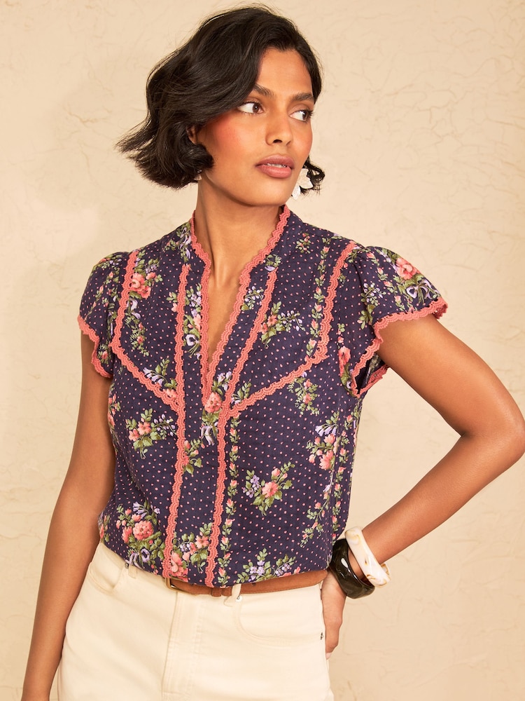 Love & Roses Navy Floral Lace Trim Flutter Sleeve Blouse - Image 1 of 4 Love & Roses Navy Floral Lace Trim Flutter Sleeve Blouse - Image 1 of 4