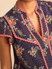 Love & Roses Navy Floral Lace Trim Flutter Sleeve Blouse - Image 2 of 4