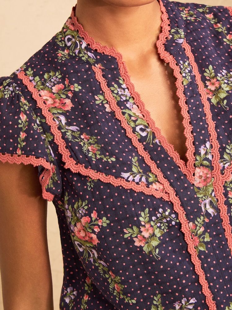 Love & Roses Navy Floral Lace Trim Flutter Sleeve Blouse - Image 2 of 4 Love & Roses Navy Floral Lace Trim Flutter Sleeve Blouse - Image 2 of 4