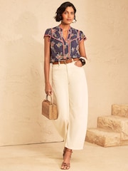 Love & Roses Navy Floral Lace Trim Flutter Sleeve Blouse - Image 3 of 4