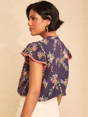 Love & Roses Navy Floral Lace Trim Flutter Sleeve Blouse - Image 4 of 4