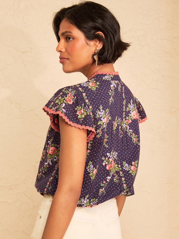 Love & Roses Navy Floral Lace Trim Flutter Sleeve Blouse - Image 4 of 4 Love & Roses Navy Floral Lace Trim Flutter Sleeve Blouse - Image 4 of 4