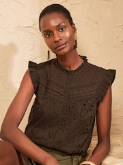 Love & Roses Chocolate Brown Broderie Shell Top - Image 1 of 4