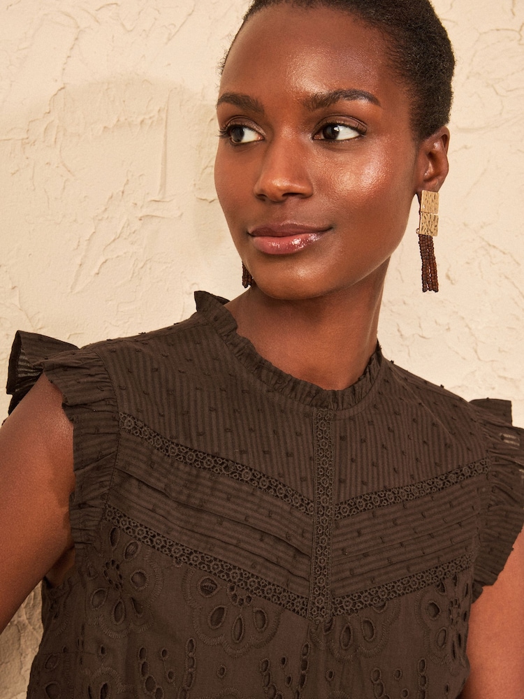 Love & Roses Chocolate Brown Broderie Shell Top - Image 2 of 4