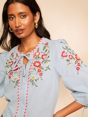 Love & Roses X RHS Pale Blue Cotton/Linen Blend Tie Front Embroidered Blouse - Image 2 of 5