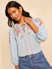Love & Roses X RHS Pale Blue Cotton/Linen Blend Tie Front Embroidered Blouse - Image 4 of 5