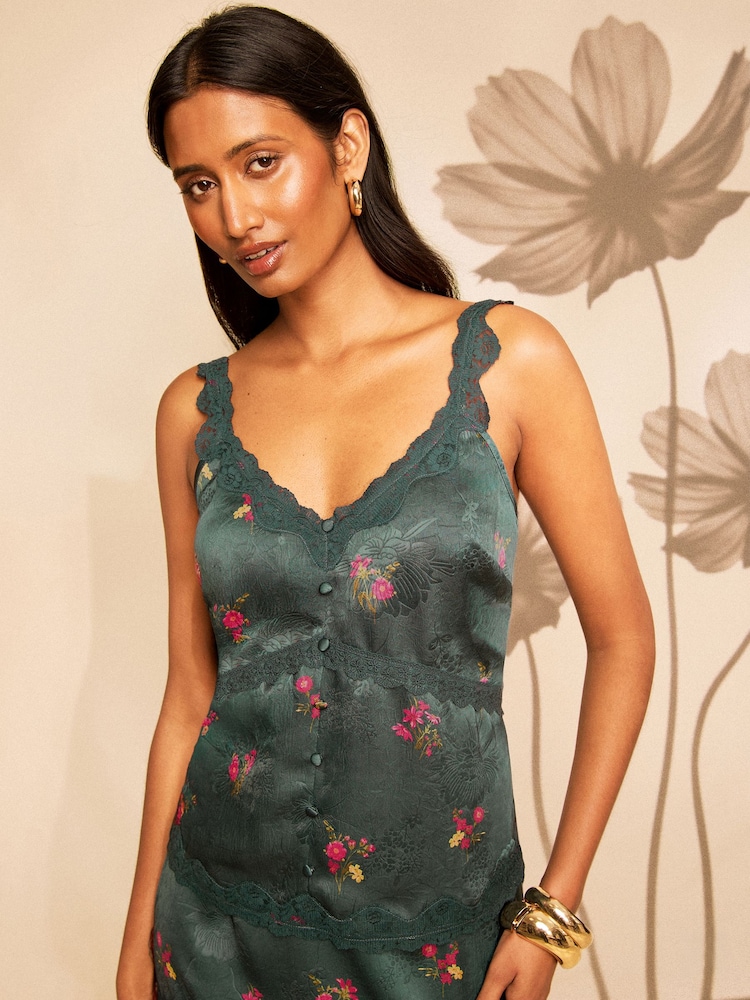 Love & Roses x RHS Teal Blue Floral Printed Satin Jacquard Lace Trim Cami - Image 1 of 4