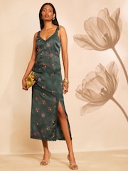 Love & Roses x RHS Teal Blue Floral Printed Satin Jacquard Lace Trim Cami - Image 3 of 4