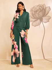 Love & Roses X RHS Green Blurred Floral Puff Sleeve V-Neck Blouse - Image 3 of 5