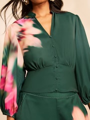 Love & Roses X RHS Green Blurred Floral Puff Sleeve V-Neck Blouse - Image 4 of 5
