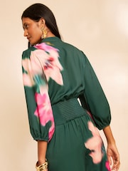 Love & Roses X RHS Green Blurred Floral Puff Sleeve V-Neck Blouse - Image 5 of 5