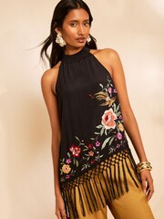 Love & Roses x RHS Black Embroidered Fringe Halter Neck Top - Image 1 of 5