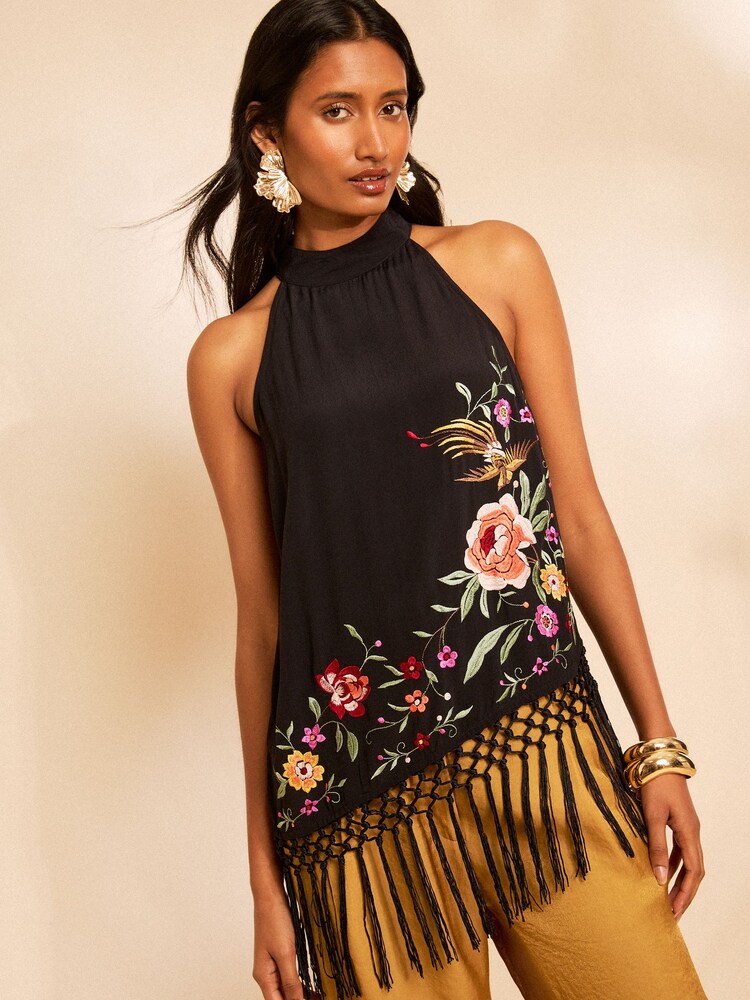 Love & Roses x RHS Black Embroidered Fringe Halter Neck Top - Image 1 of 5