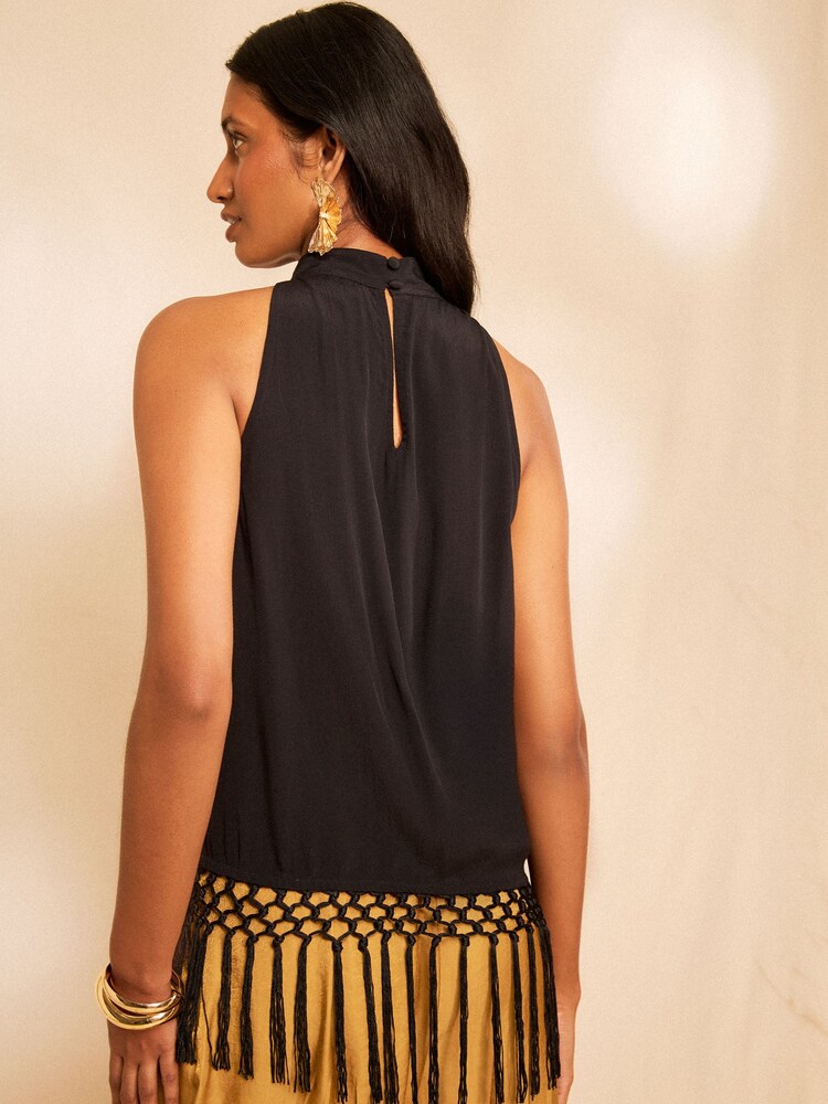 Love & Roses x RHS Black Embroidered Fringe Halter Neck Top - Image 2 of 5