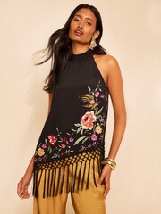 Love & Roses x RHS Black Embroidered Fringe Halter Neck Top - Image 3 of 5
