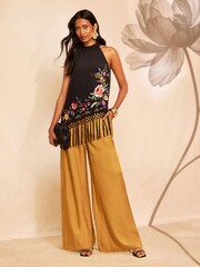 Love & Roses x RHS Black Embroidered Fringe Halter Neck Top - Image 4 of 5