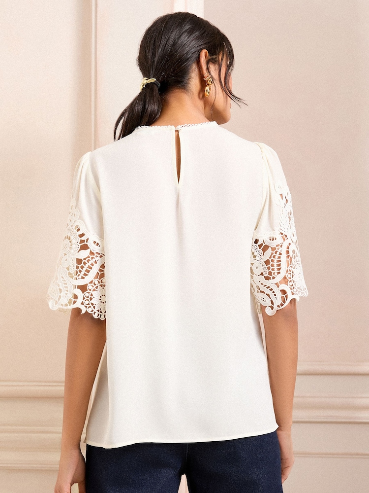 Love & Roses Ivory Crew Neck Lace Short Sleeve Blouse - Image 4 of 4