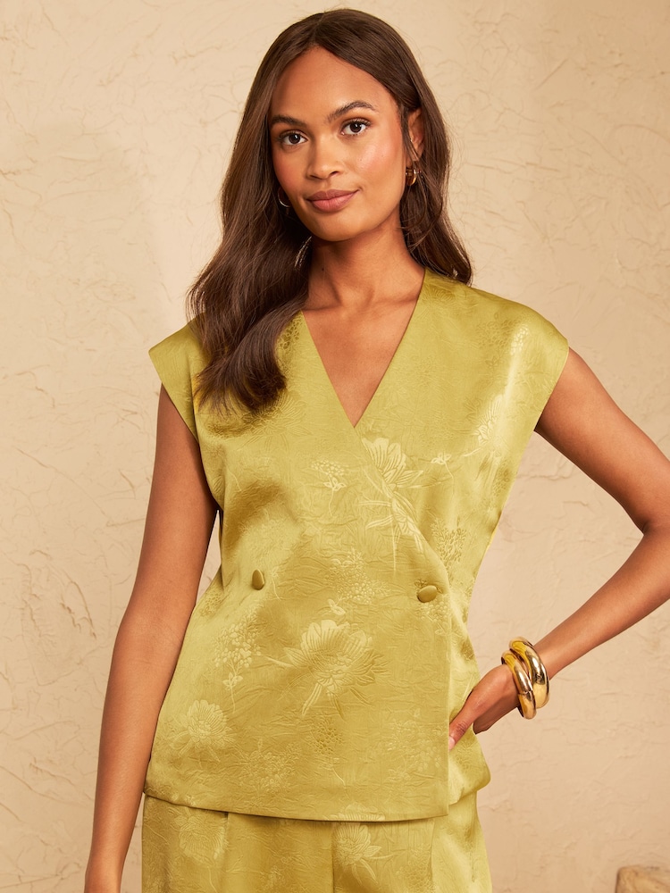 Love & Roses x RHS Lime Green Satin Jaqcuard Wrap Front Button Blouse - Image 1 of 4