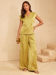 Love & Roses x RHS Lime Green Satin Jaqcuard Wrap Front Button Blouse - Image 2 of 4