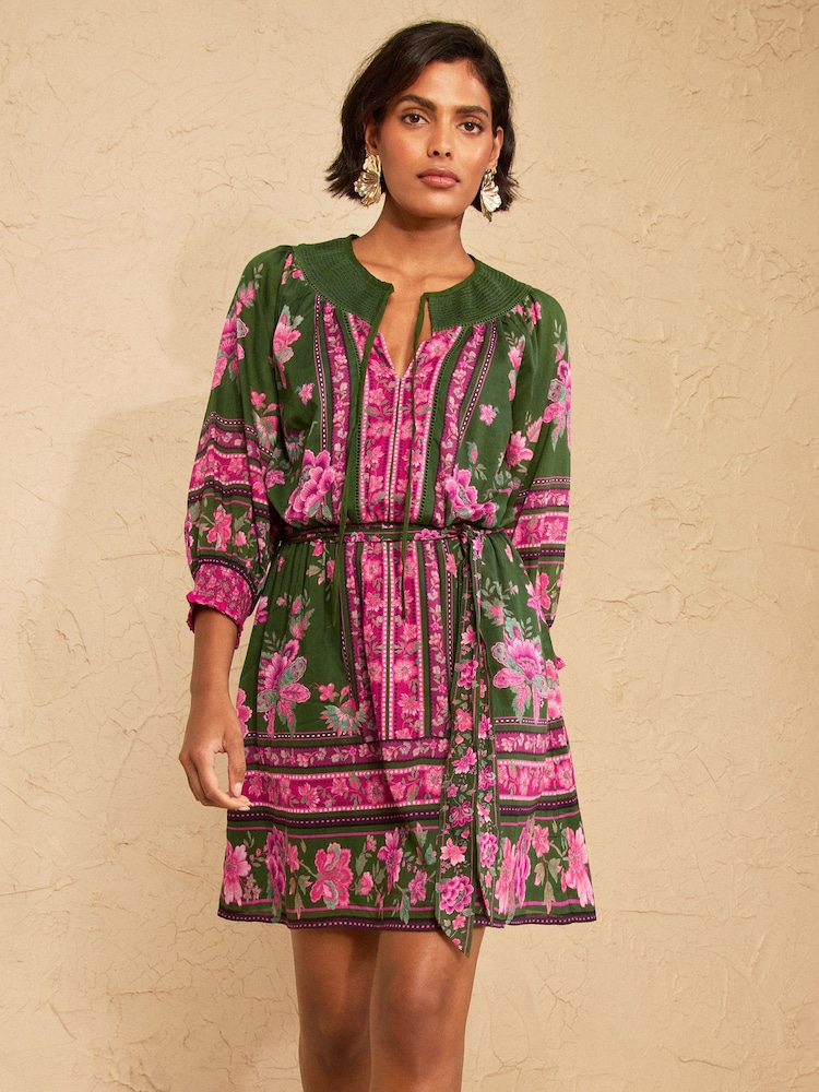 Love & Roses Green Floral Shirred Collar Mini Dress - Image 1 of 4