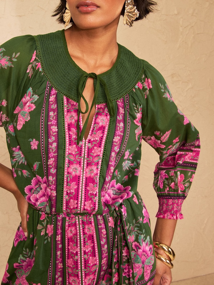 Love & Roses Green Floral Shirred Collar Mini Dress - Image 2 of 4