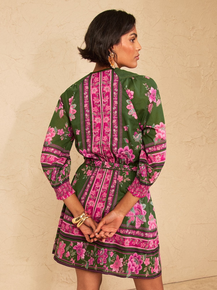 Love & Roses Green Floral Shirred Collar Mini Dress - Image 4 of 4