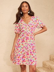 Love & Roses Yellow Floral Button Down Puff Sleeve Mini Dress - Image 1 of 5
