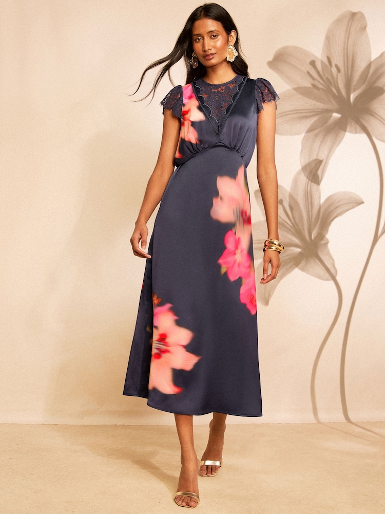 Love & Roses Navy Floral Lace Flutter Sleeve Slip Midi Dress - Image 1 of 5 Love & Roses Navy Floral Lace Flutter Sleeve Slip Midi Dress - Image 1 of 5
