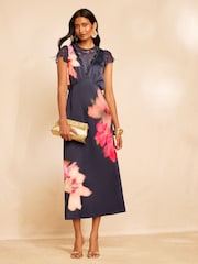 Love & Roses Navy Floral Lace Flutter Sleeve Slip Midi Dress - Image 2 of 5