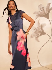 Love & Roses Navy Floral Lace Flutter Sleeve Slip Midi Dress - Image 3 of 5