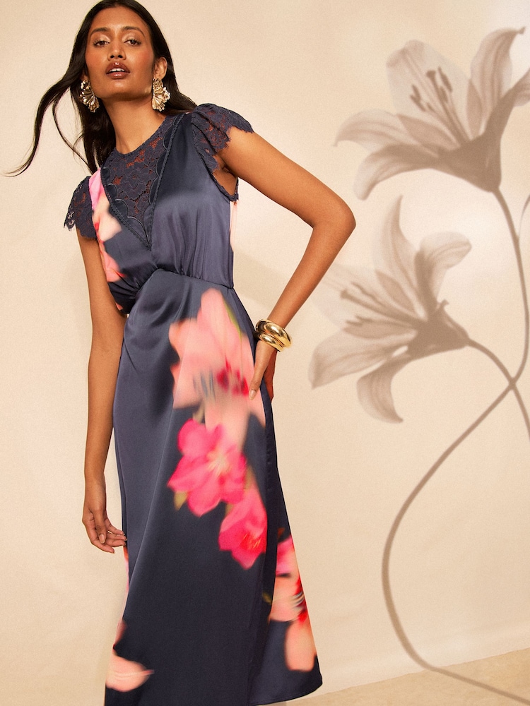 navy blue dress pink flowers Buy Love & Roses Navy Floral Lace Flutter Sleeve Slip Midi Dress from Next  USA