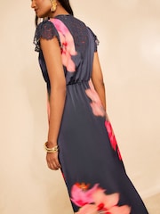 Love & Roses Navy Floral Lace Flutter Sleeve Slip Midi Dress - Image 4 of 5