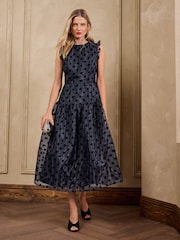Love & Roses Navy Spot Organza Drop Waist Midi Dress - Image 1 of 5