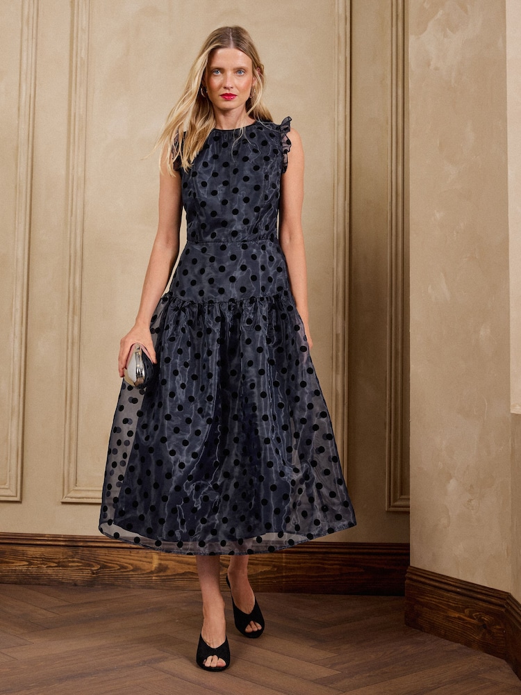 Love & Roses Navy Spot Organza Drop Waist Midi Dress - Image 1 of 5 Love & Roses Navy Spot Organza Drop Waist Midi Dress - Image 1 of 5