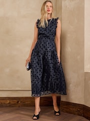 Love & Roses Navy Spot Organza Drop Waist Midi Dress - Image 3 of 5