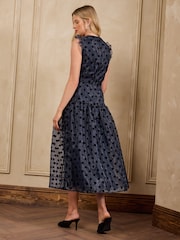 Love & Roses Navy Spot Organza Drop Waist Midi Dress - Image 4 of 5