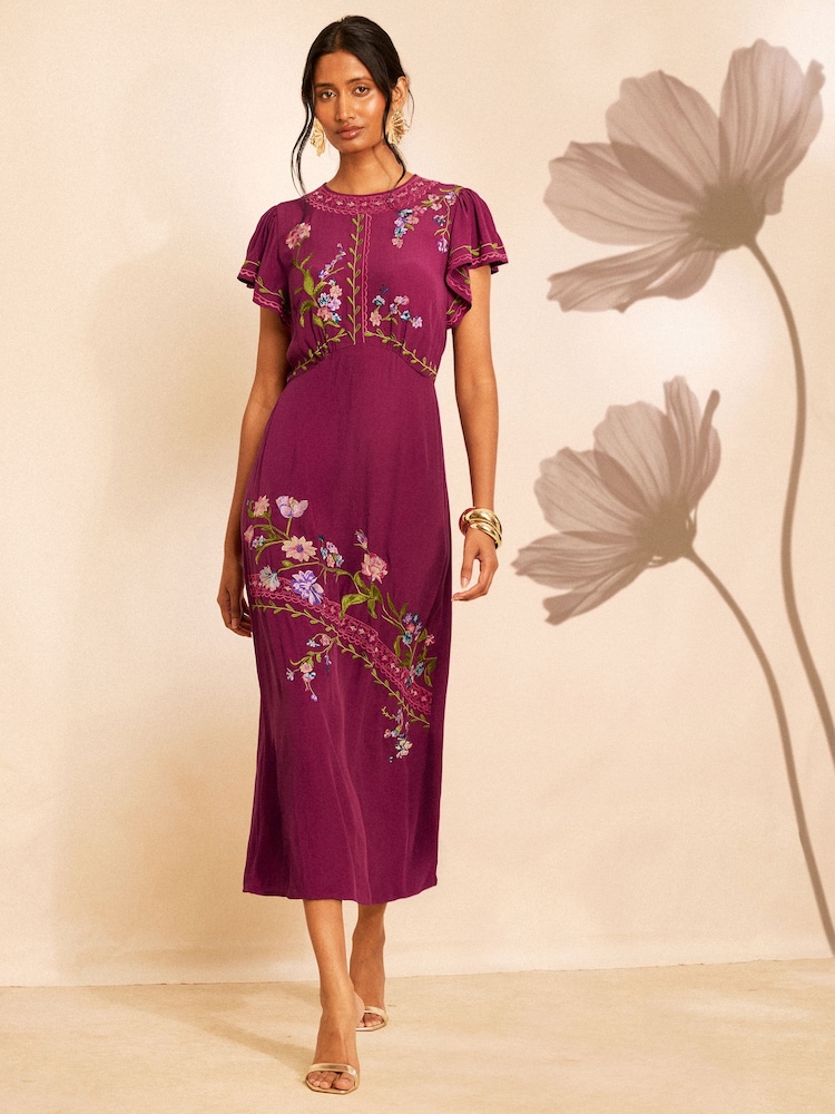 Love & Roses X RHS Purple Asymmetric Floral Embroidered Midi Dress - Image 1 of 5 Love & Roses X RHS Purple Asymmetric Floral Embroidered Midi Dress - Image 1 of 5
