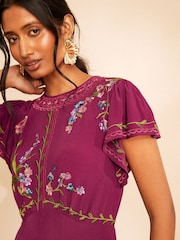 Love & Roses X RHS Purple Asymmetric Floral Embroidered Midi Dress - Image 2 of 5