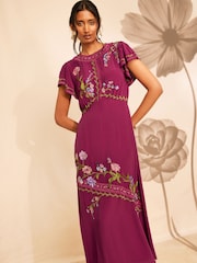 Love & Roses X RHS Purple Asymmetric Floral Embroidered Midi Dress - Image 3 of 5