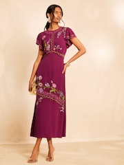 Love & Roses X RHS Purple Asymmetric Floral Embroidered Midi Dress - Image 5 of 5